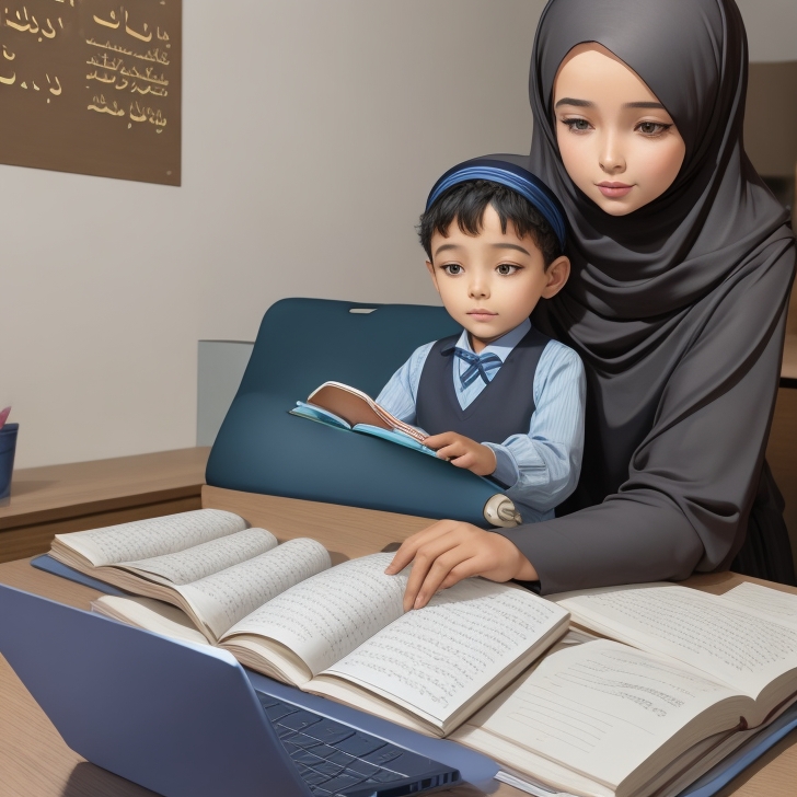 A teacher teaches a young child the Qur’an online